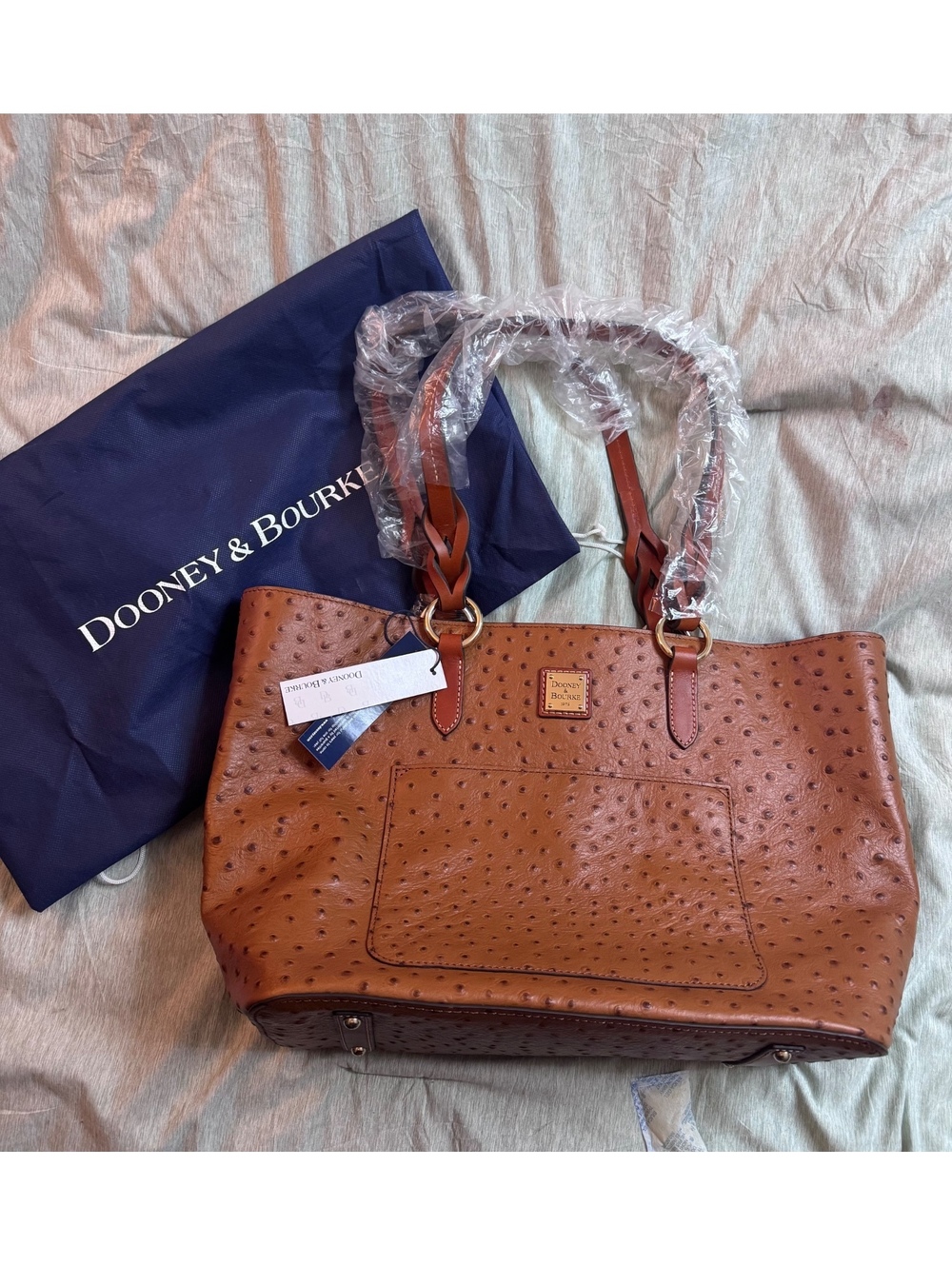 NWT Dooney & Bourke Ostrich Shopper Tote Chestnut Leather Large Bag Rare